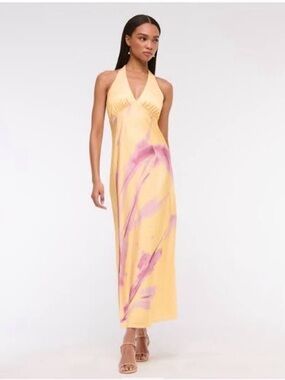 Halter-Neck Yellow & Pink Maxi Dress